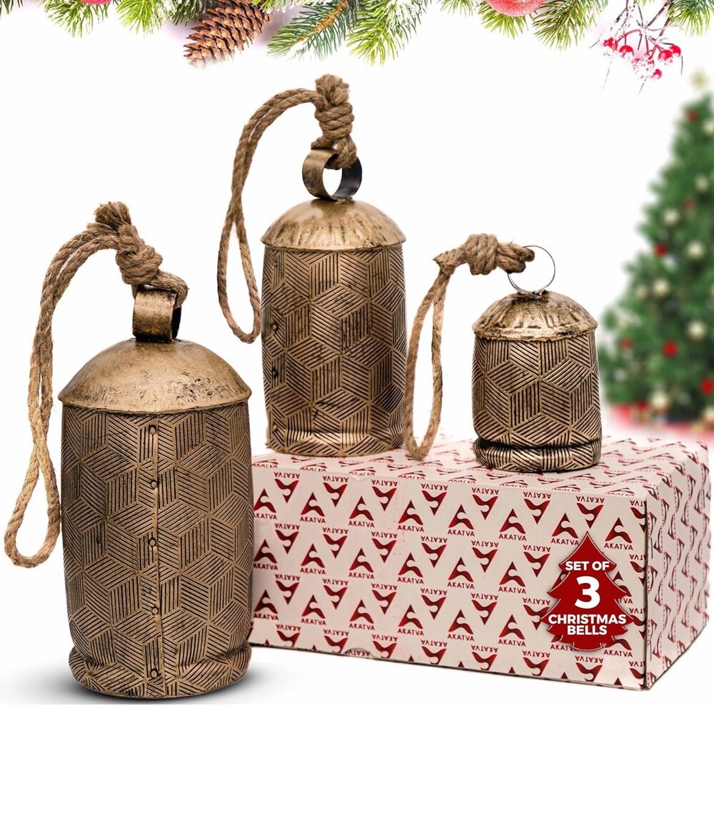 Large Christmas Bells for Decoration - Cow Bells for Rustic Decor - Gold Vint...